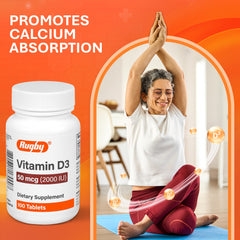 Rugby Laboratories Vitamin D3 capsule close-up highlights 2000 IU per tablet.