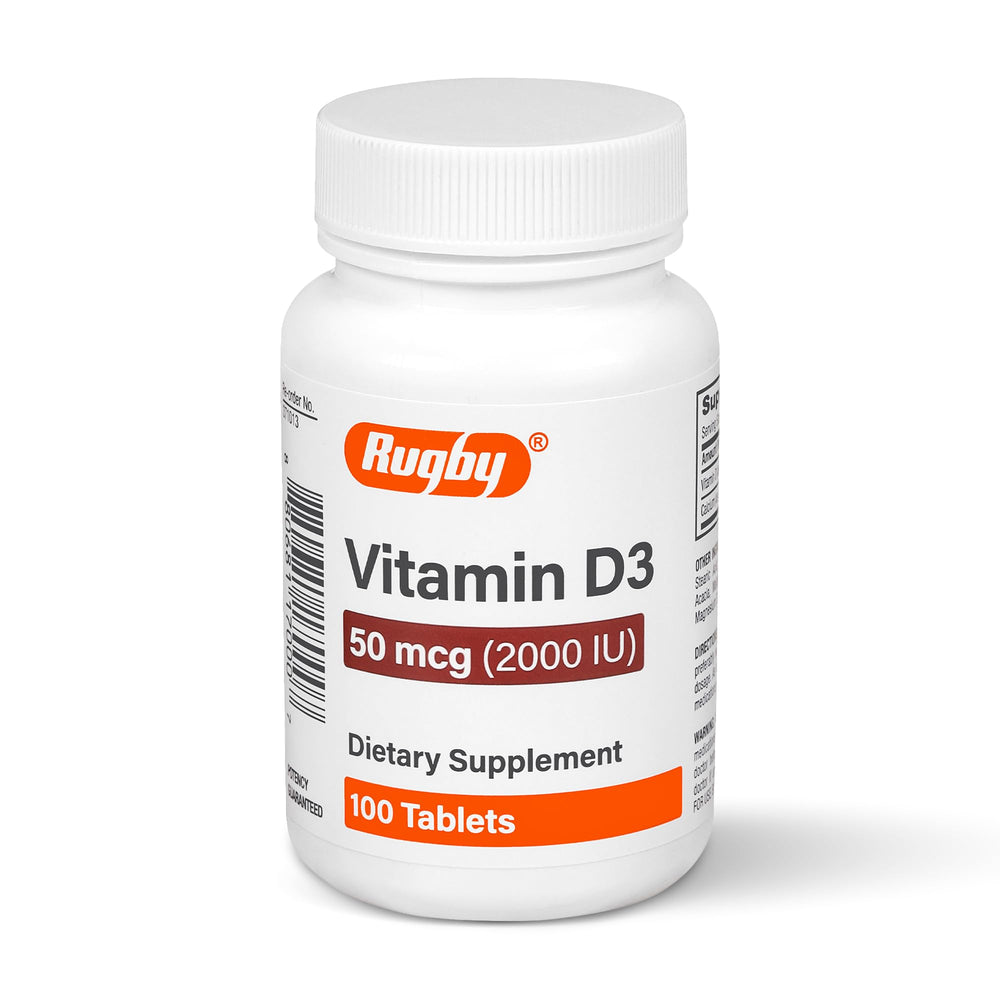 Rugby Laboratories Vitamin D3 tablet in bottle supports bone health and immune readiness.