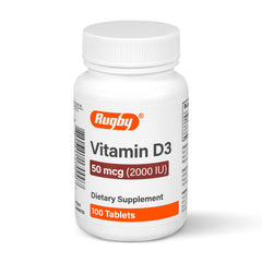 Rugby Laboratories Vitamin D3 tablet in bottle supports bone health and immune readiness.