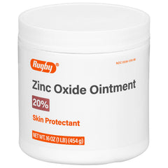 Rugby Laboratories zinc oxide ointment bottle label shows 20% active ingredient for skin protection.