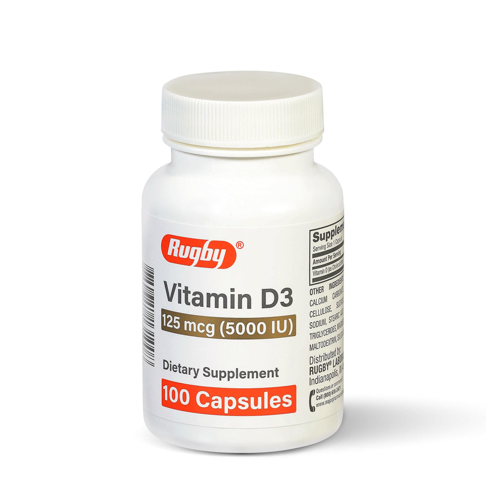 Rugby Laboratories Vitamin D3 5000 IU bottle for daily immune and bone support.