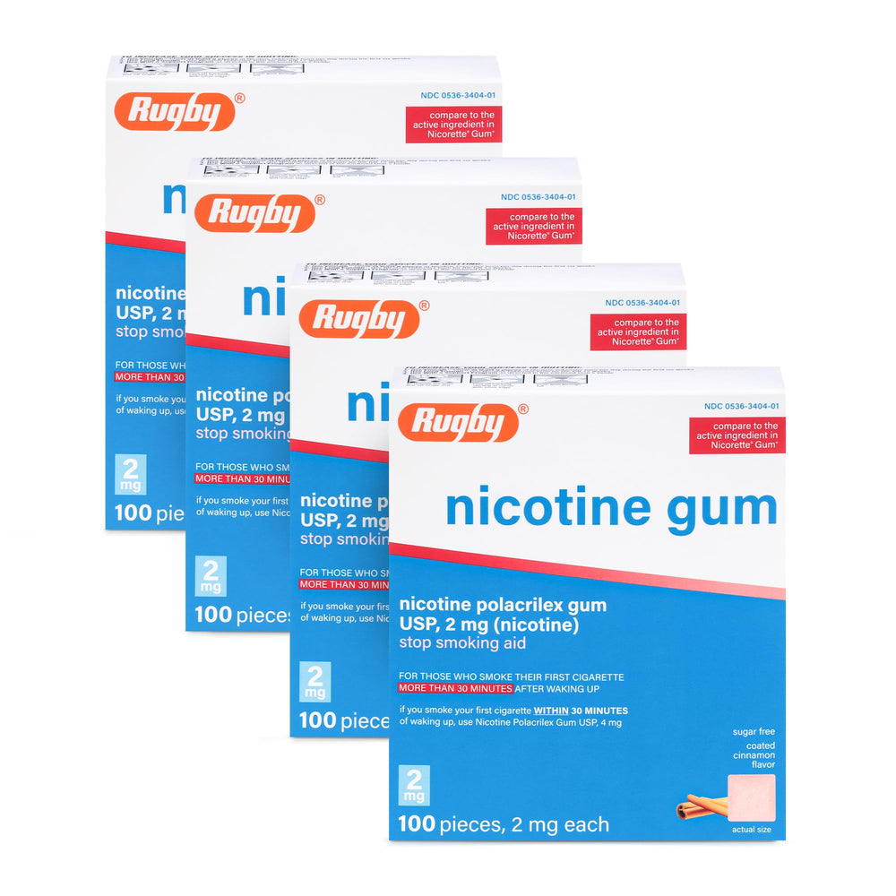 Rugby Polacrilex 2mg nicotine gum cinnamon pack shot showing sugar-free option for discreet use