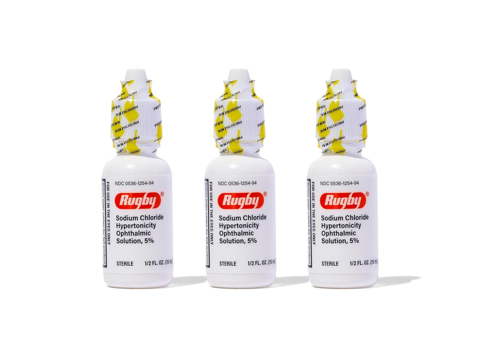 Rugby Laboratories 5% eye drops bottle for potential corneal edema symptom support.