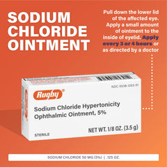 RUGBY Sodium Chloride ophthalmic ointment tube closeup for easy application and quick relief.