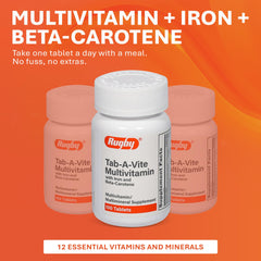 Rugby Tab-A-Vite label close-up featuring beta-carotene and iron.