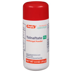 Rugby Tolnaftate powder jar shows 1% antifungal formula for foot comfort.