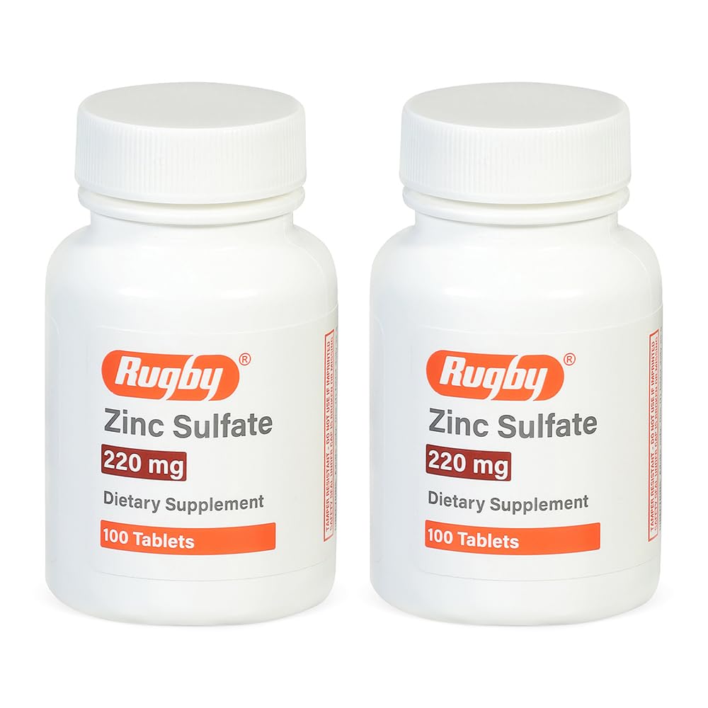 Rugby Zinc Sulfate tablets bottle front view, convenient daily dietary supplement