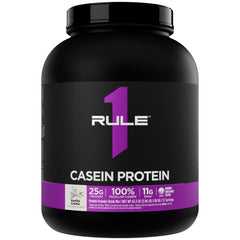 Rule 1 Casein Protein Vanilla Creme tub front highlights 25g protein per serving
