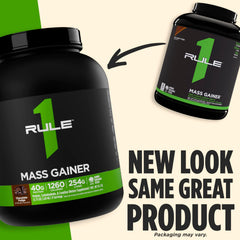 Rule 1 Mass Gainer creatine-boost label signals added performance support.