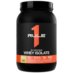Rule 1 R1 Protein Whey Isolate Banana Creme tub ready to mix for post-workout recovery
