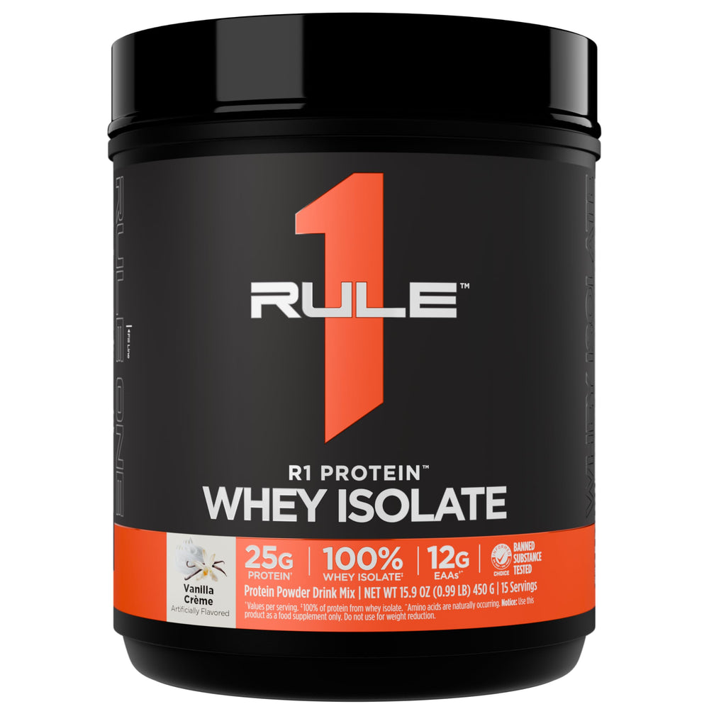 Rule 1 R1 Whey Isolate Vanilla Creme bottle for post-workout shake