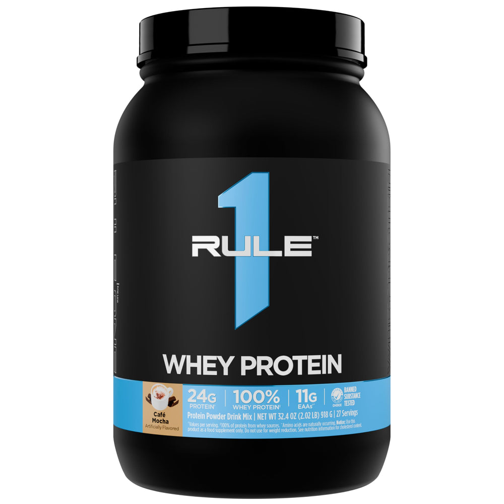 Rule 1 Proteins Whey Protein bottle showing 24g protein per serving for recovery