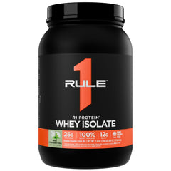 Rule 1 R1 Protein Whey Isolate Mint Chocolate Chip bottle highlights pure isolate protein
