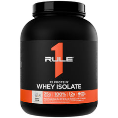 Rule 1 R1 Protein Whey Isolate vanilla creme bottle for post-workout recovery.