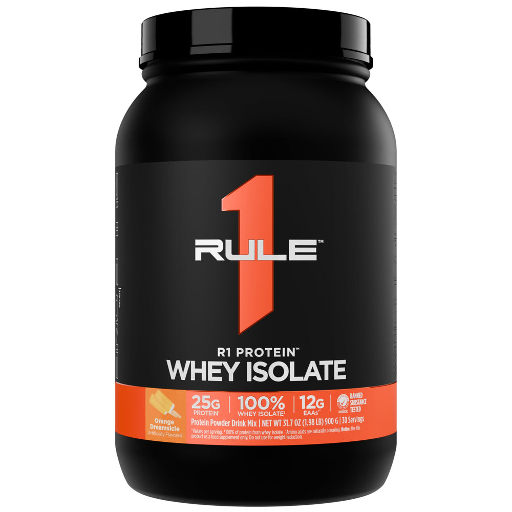 Rule 1 R1 Whey Isolate bottle showcases pure protein for fast recovery after workouts.