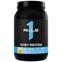 Rule 1 Whey Protein Banana Creme bottle front with 24 g protein per scoop highlighted for daily targets.