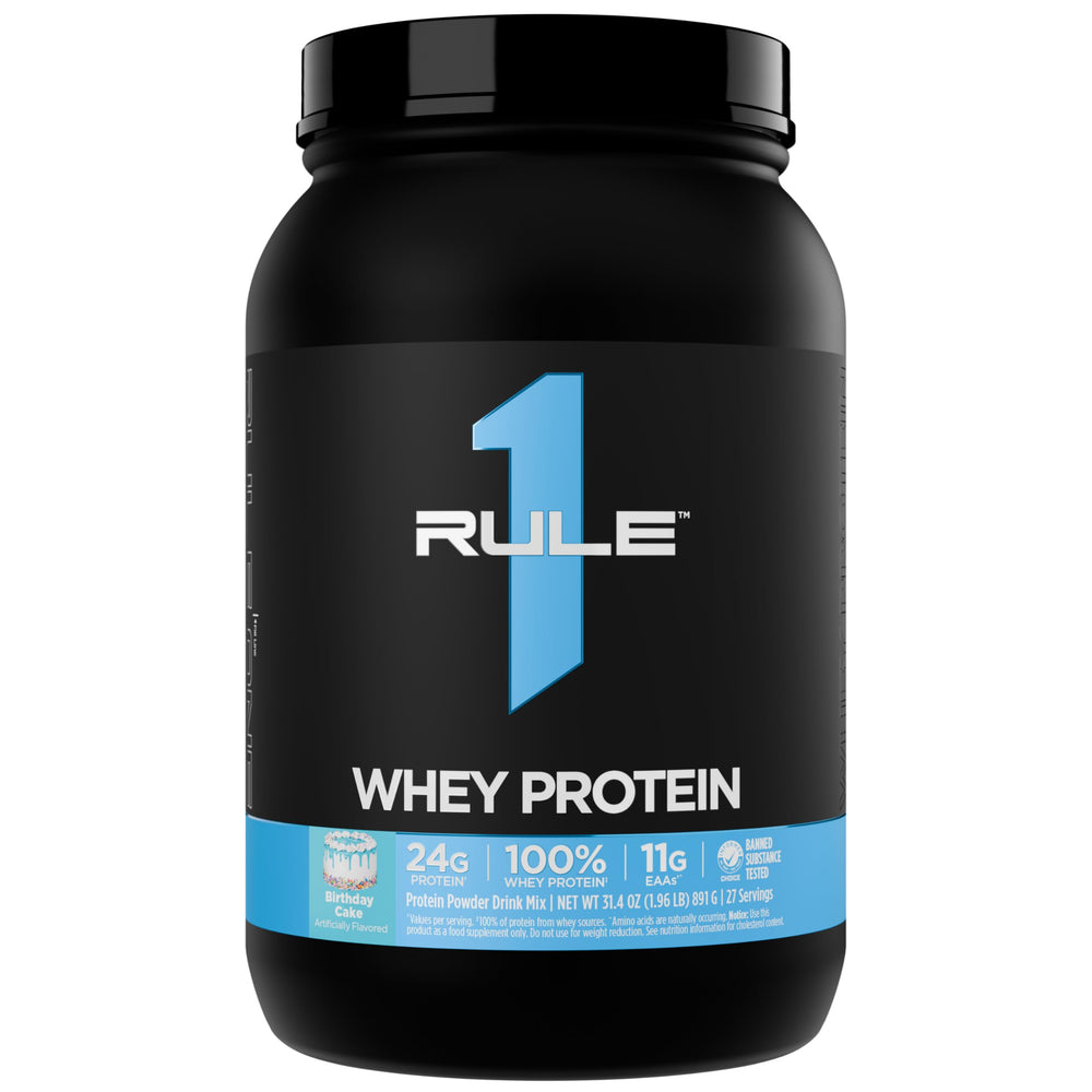 Rule 1 Whey Protein tub front shows premium packaging for daily fueling.