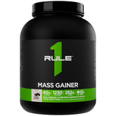 Rule1 Mass Gainer bottle label with clear ingredient list and calories