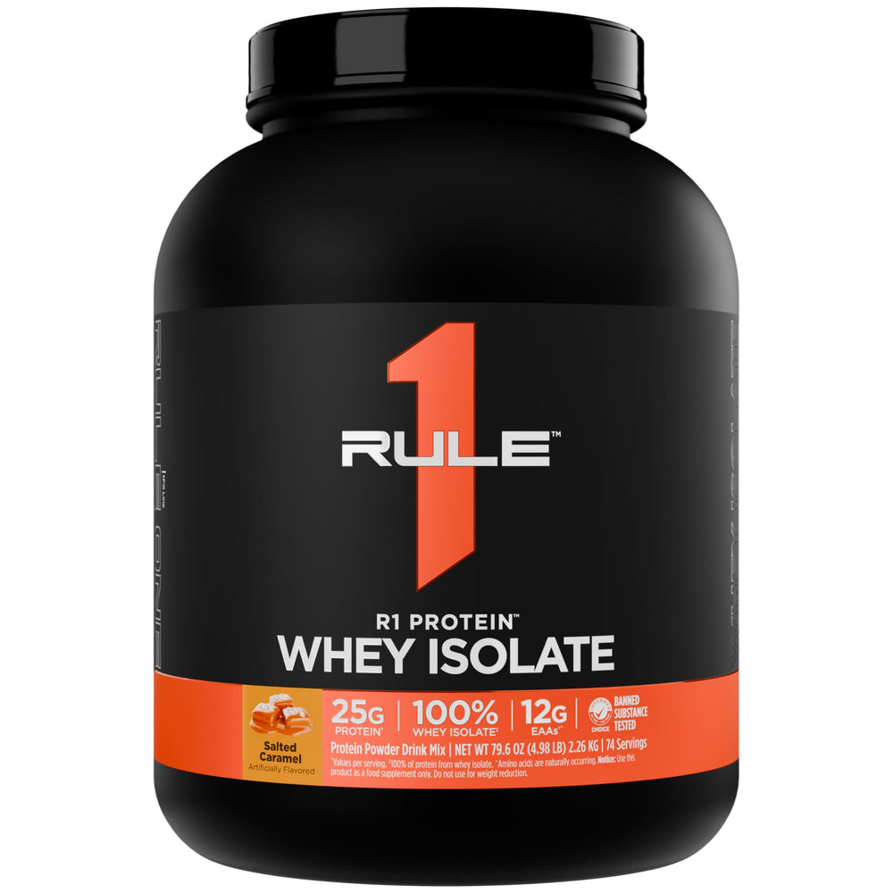 Rule 1 R1 Protein Whey Isolate tub label shows clean, fast-acting protein for post-workout recovery.