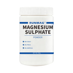 RUNMAG Epsom Salt bottle front showing pure magnesium sulfate for home use.