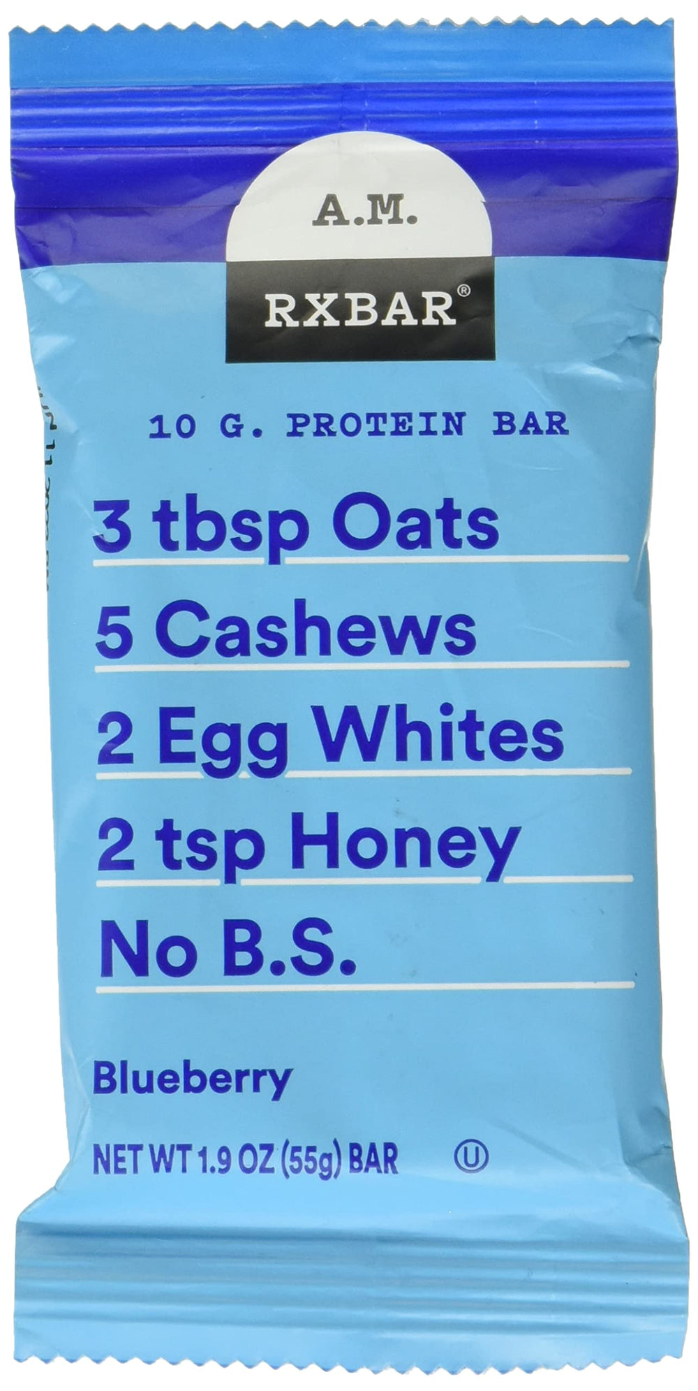 RXBAR Blueberry AM Bar packaging shows clean ingredients for a convenient morning snack.