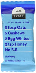 RXBAR Blueberry AM Bar packaging shows clean ingredients for a convenient morning snack.