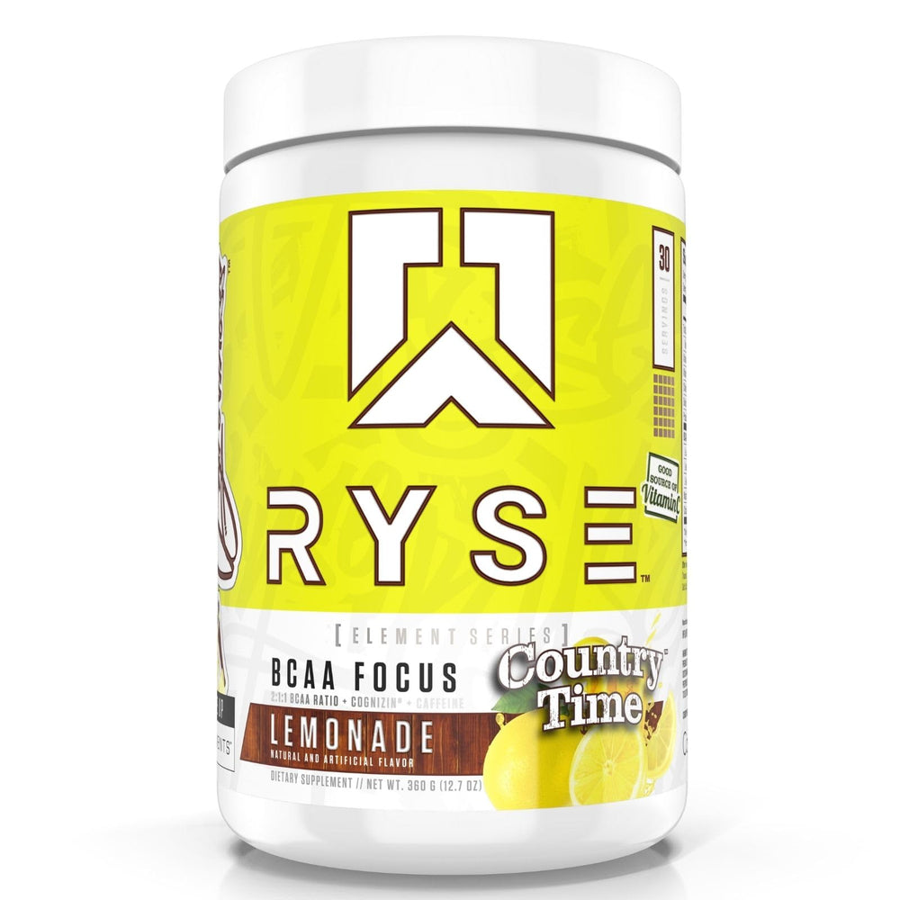 RYSE BCAA Focus Powder Country Time Lemonade tub highlighting hydration-ready formula