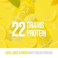 RYSE Clear Protein Drink Country Time Lemonade label highlights lactose-free and zero sugar formula.