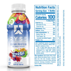 RYSE Clear Protein Drink bottle front showcasing Kool-Aid Tropical Punch label.