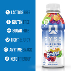 RYSE Clear Protein Drink label detail indicating lactose-free and whey 22g content.