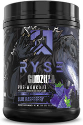 RYSE Godzilla blue raspberry powder jar ready for pre-workout energy before training