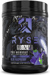 RYSE Godzilla blue raspberry powder jar ready for pre-workout energy before training