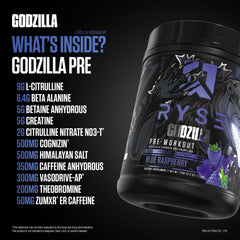RYSE Godzilla pre-workout serving graphic suggests sustained energy and sharp focus