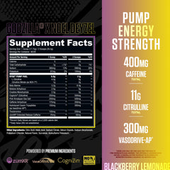 RYSE Godzilla X Noel Deyzel pre-workout tub label close-up with ingredients highlighted