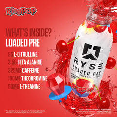 RYSE Loaded Ring Pop Cherry label closeup with caffeine and formula details.