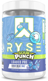 RYSE Loaded Pre Workout bottle with Sour Punch Blue Raz for focused training energy.