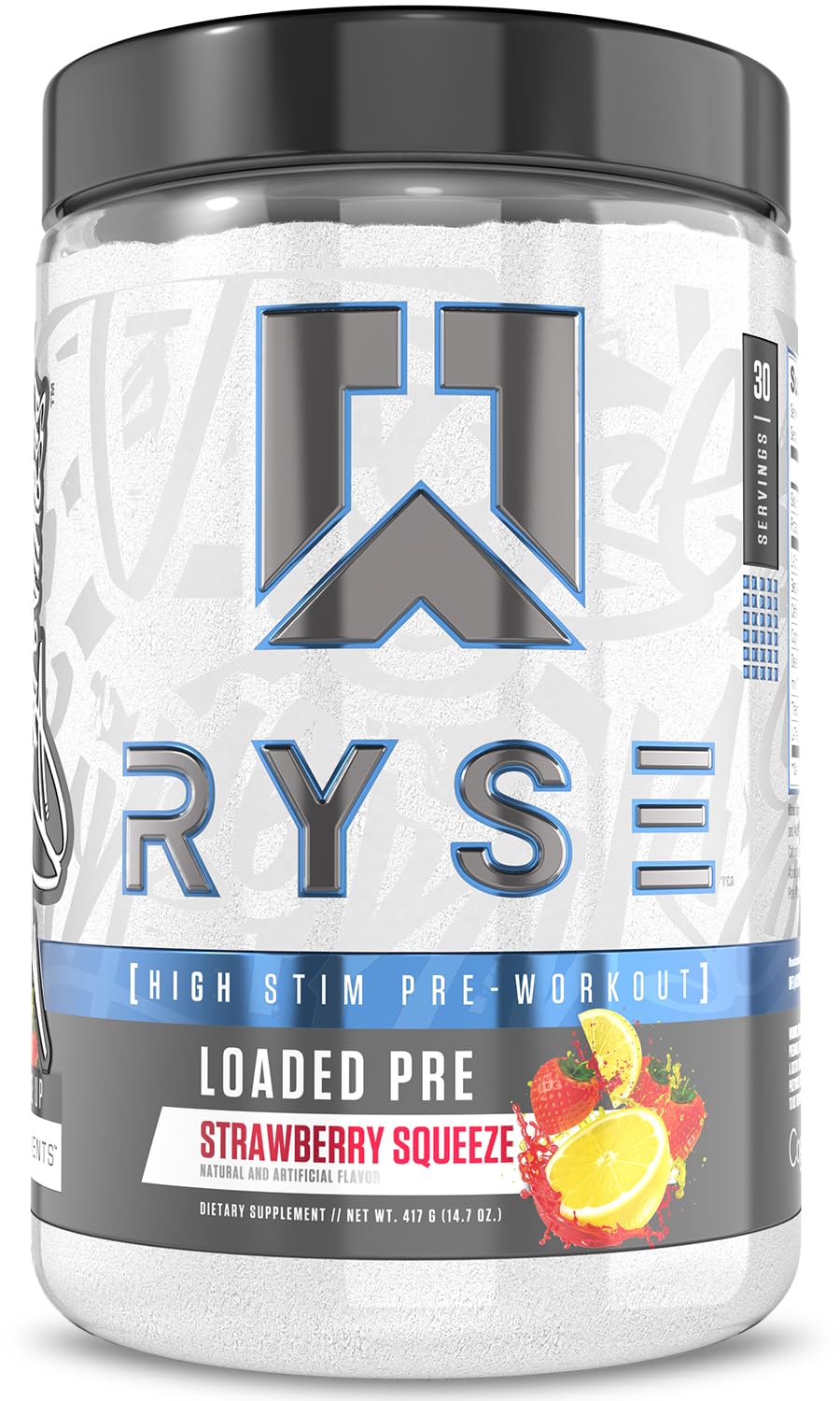 RYSE Loaded Pre-Workout Strawberry Squeeze tub showcasing powered pump and focus.