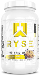RYSE Loaded Protein Blueberry Muffin bottle showing high-protein formula for muscle support