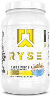 RYSE Loaded Protein Fruity Crunch tub front with label visible, showcasing the product identity