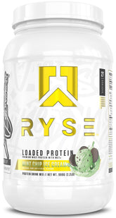RYSE Loaded Protein Mint Chip Ice Cream tub showing 27 servings for post-workout recovery