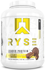 RYSE Loaded Protein Powder tub front view, Peanut Butter Cup flavor, ideal post-workout recovery.