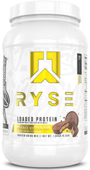 RYSE Loaded Protein Powder Peanut Butter Cup tub shows premium protein blend for post-workout support