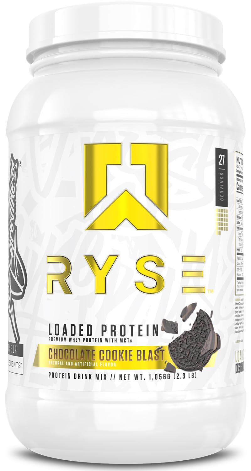 RYSE Loaded Protein Powder Chocolate Cookie Blast bottle ready for post-workout shake