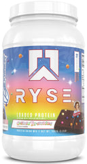 RYSE Loaded Protein Powder Cosmic Brownie tub front showing label for muscle support