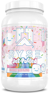 RYSE Loaded Protein Powder tub in Jet-Puffed Birthday Cake flavor for post-workout recovery