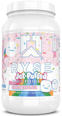 RYSE Loaded Protein Powder tub in Jet-Puffed Birthday Cake flavor for post-workout recovery