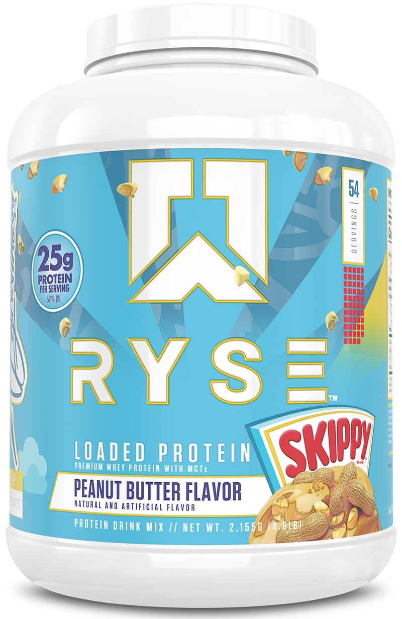 RYSE Loaded Protein Powder Skippy Peanut Butter tub showing premium protein and flavor