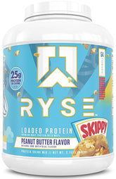 RYSE Loaded Protein Powder Skippy Peanut Butter tub showing premium protein and flavor