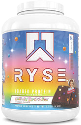 RYSE Loaded Protein Powder tub in Little Debbie Cosmic Brownie flavor for post-workout recovery