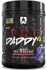 RYSE Pump Daddy V2 blue raspberry powder bottle pour for strong pre-workout pumps